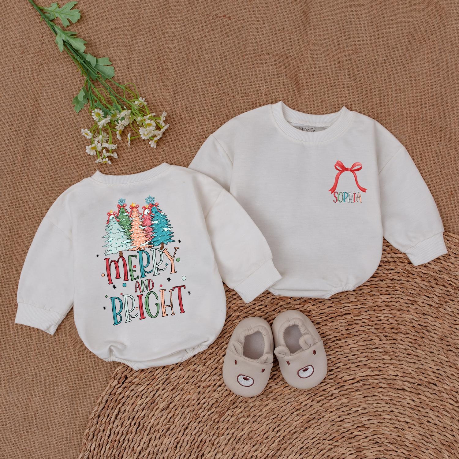 Retro Merry and Bright Romper Baby's 1st Christmas Outfit Holiday Bodysuit Cute Newborn Clothes Colorful Trees Festive Baby Shower Gift Trendy 135