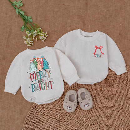 Retro Merry and Bright Romper Baby's 1st Christmas Outfit Holiday Bodysuit Cute Newborn Clothes Colorful Trees Festive Baby Shower Gift Trendy 135