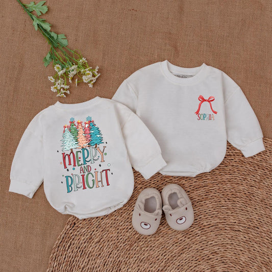 Retro Merry and Bright Romper Baby's 1st Christmas Outfit Holiday Bodysuit Cute Newborn Clothes Colorful Trees Festive Baby Shower Gift Trendy 135