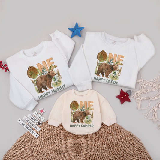 One Happy Camper Family Sweatshirt Bear Tent Birthday Outfit for Mom Dad Woodland Themed Camping Party Wear