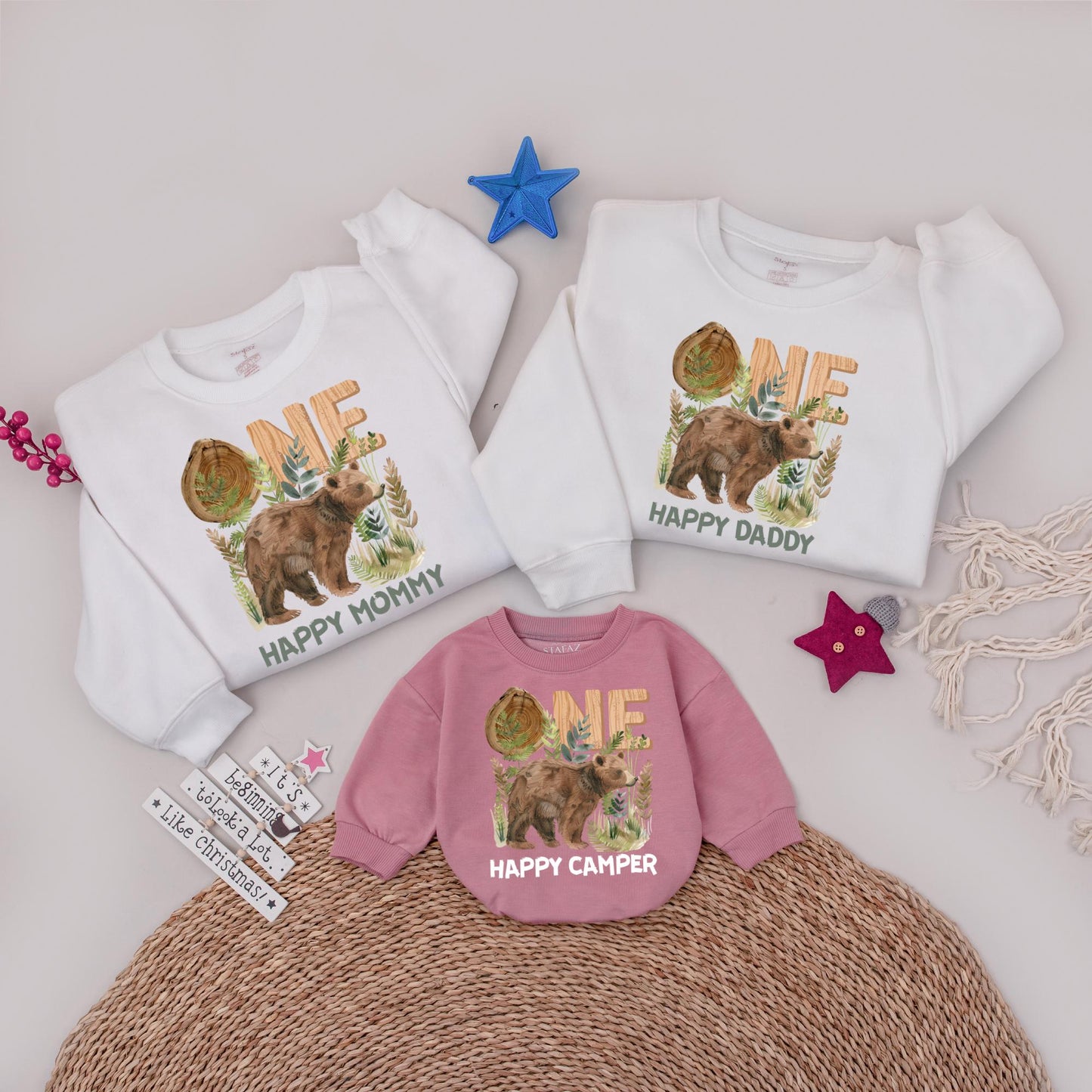 One Happy Camper Family Sweatshirt Bear Tent Birthday Outfit for Mom Dad Woodland Themed Camping Party Wear