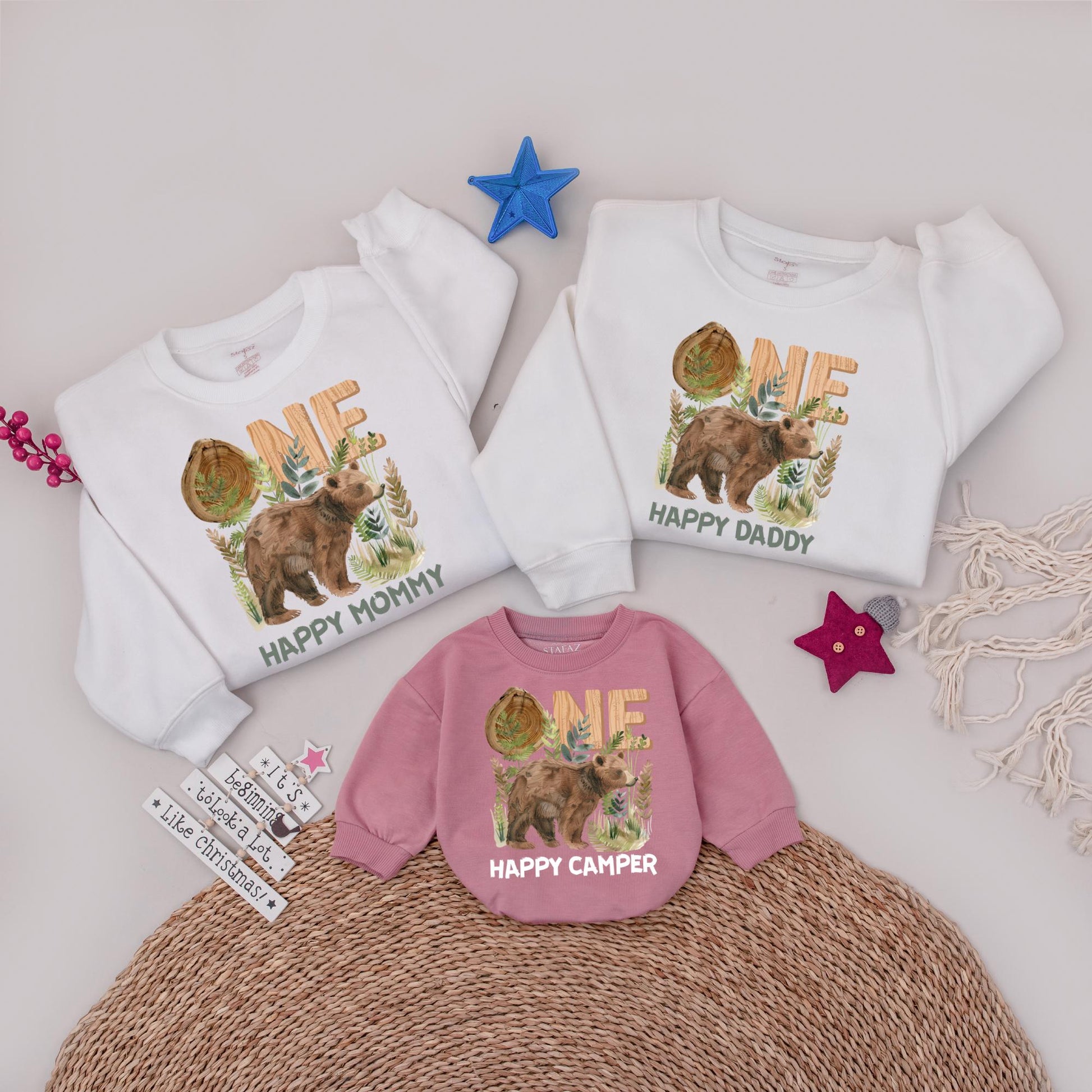 One Happy Camper Family Sweatshirt Bear Tent Birthday Outfit for Mom Dad Woodland Themed Camping Party Wear