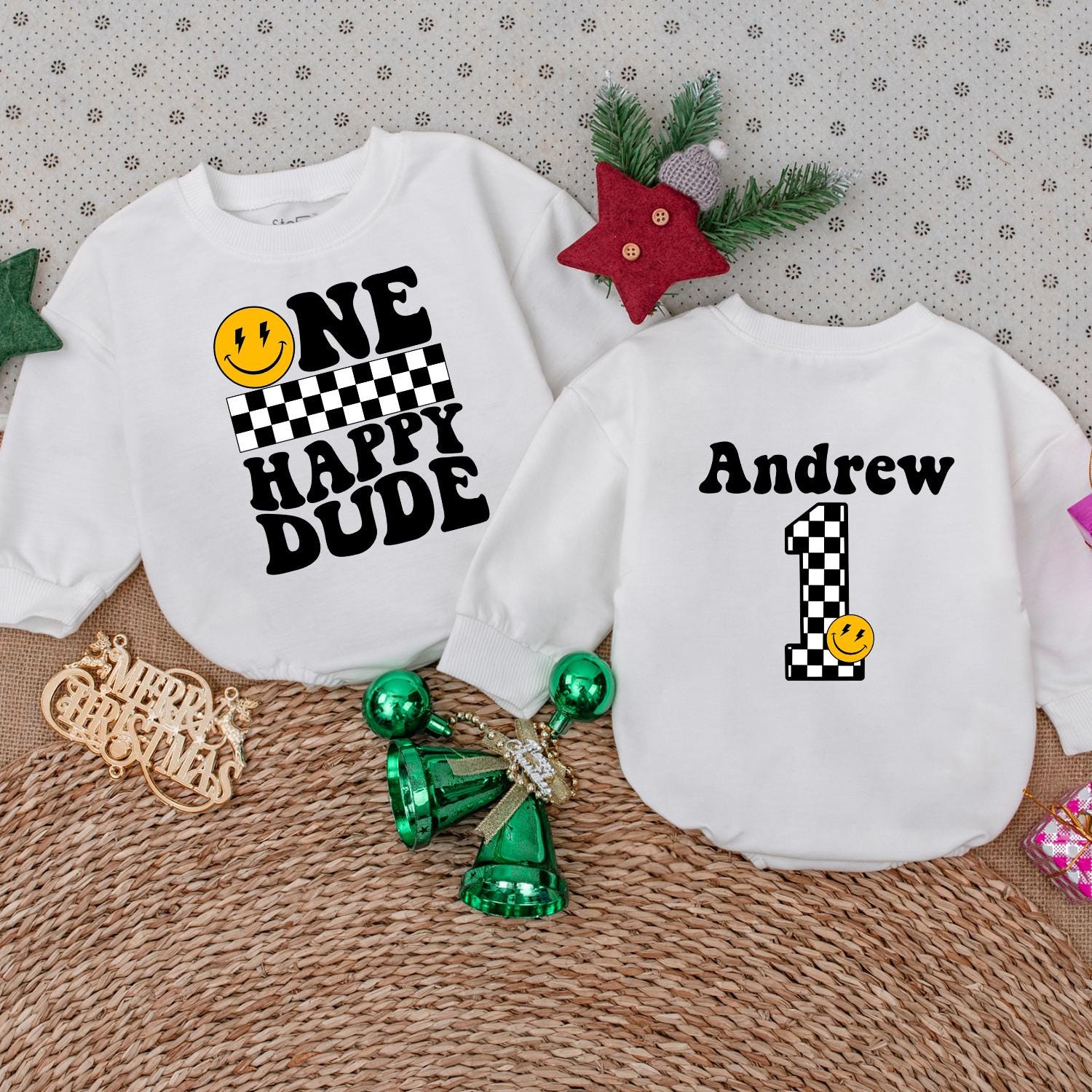 Personalized One Happy Dude Birthday Bodysuit Retro Groovy Smiley Face Baby Boy First Birthday Outfit Checkered Pattern Infant Celebration Clothes Yellow Vintage Design