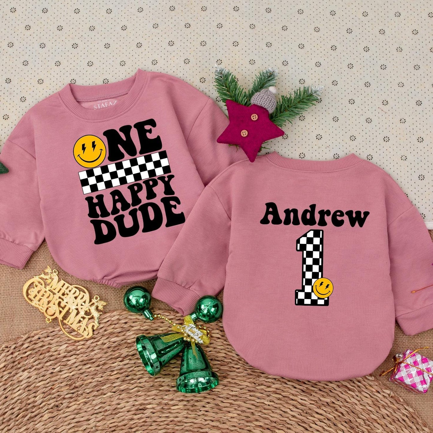 Personalized One Happy Dude Birthday Bodysuit Retro Groovy Smiley Face Baby Boy First Birthday Outfit Checkered Pattern Infant Celebration Clothes Yellow Vintage Design