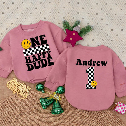 Personalized One Happy Dude Birthday Bodysuit Retro Groovy Smiley Face Baby Boy First Birthday Outfit Checkered Pattern Infant Celebration Clothes Yellow Vintage Design