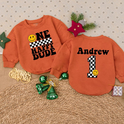 Personalized One Happy Dude Birthday Bodysuit Retro Groovy Smiley Face Baby Boy First Birthday Outfit Checkered Pattern Infant Celebration Clothes Yellow Vintage Design