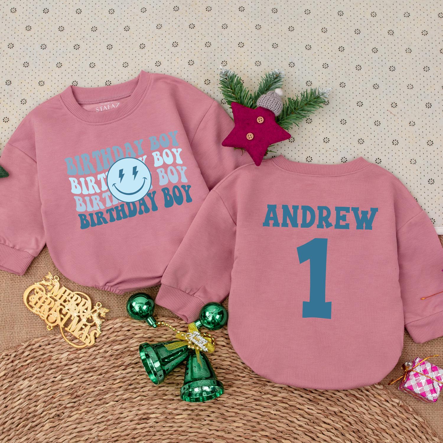 Personalized Birthday Boy Romper Cute Baby Boy First Birthday Outfit with Blue Lightning & Smile Modern Minimalist Toddler Party Clothes