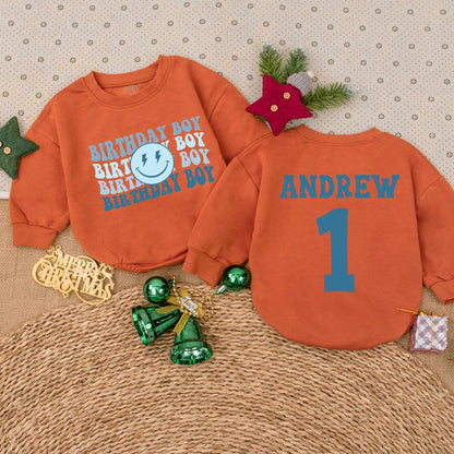 Personalized Birthday Boy Romper Cute Baby Boy First Birthday Outfit with Blue Lightning & Smile Modern Minimalist Toddler Party Clothes