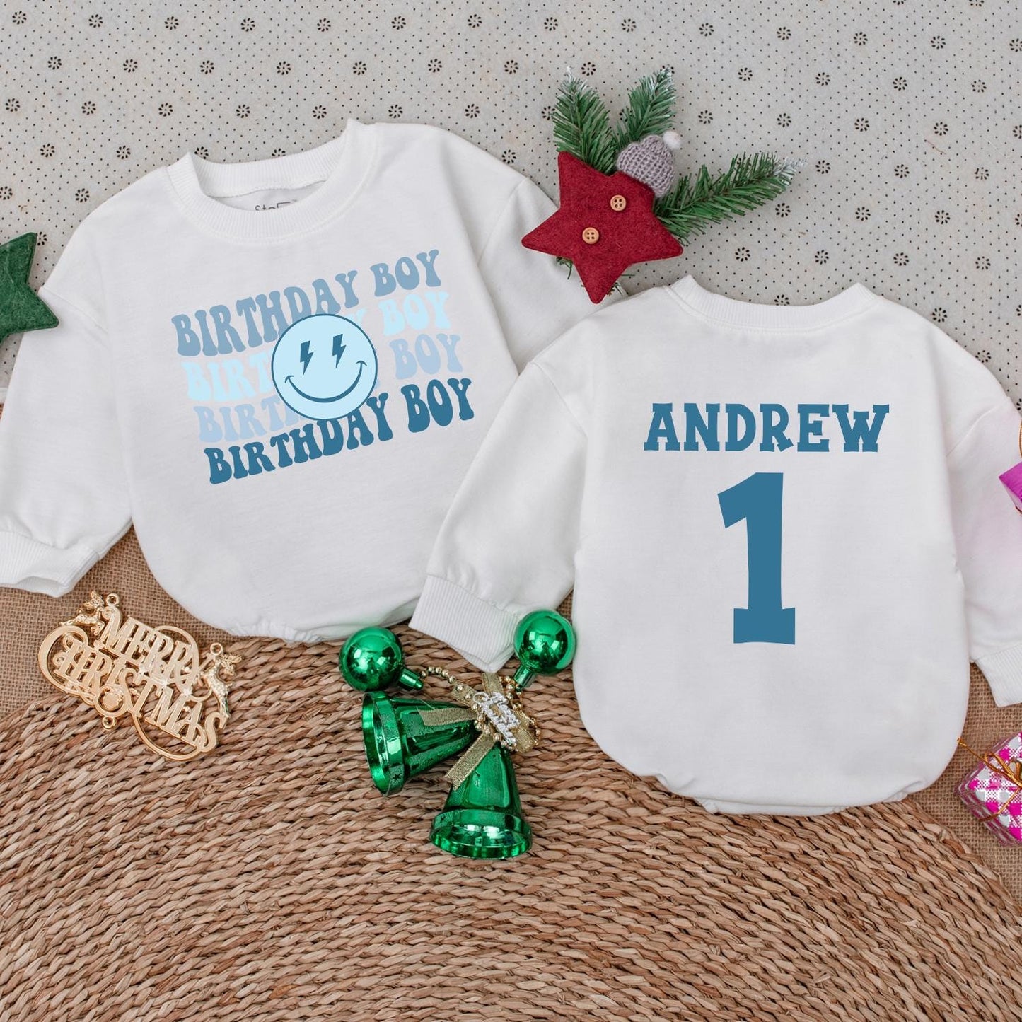 Personalized Birthday Boy Romper Cute Baby Boy First Birthday Outfit with Blue Lightning & Smile Modern Minimalist Toddler Party Clothes