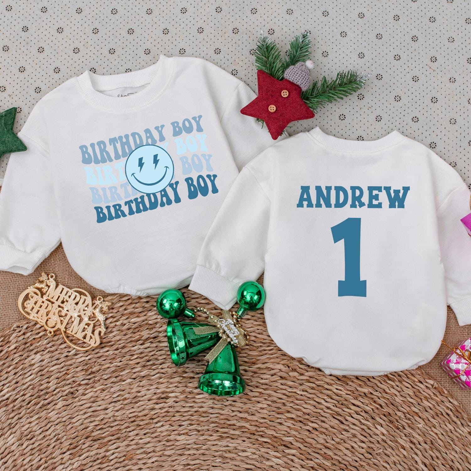 Personalized Birthday Boy Romper Cute Baby Boy First Birthday Outfit with Blue Lightning & Smile Modern Minimalist Toddler Party Clothes