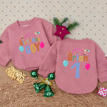 Personalized Brian First Birthday Boy Romper Colorful Balloons Stars Playful Festive Celebration Outfit Toddler Long Sleeve Cute Party Gift