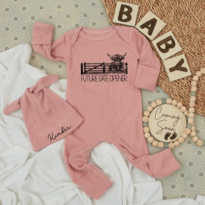 Future Gate Opener Baby Bodysuit & Hat Set Farm Announcement Gift, Newborn Outfit Boy Girl Cattle Farmer Baby Shower Gift 140