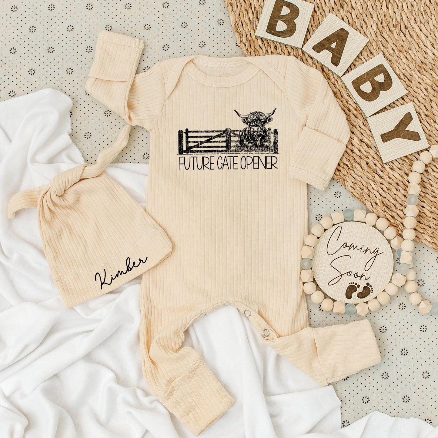 Future Gate Opener Baby Bodysuit & Hat Set Farm Announcement Gift, Newborn Outfit Boy Girl Cattle Farmer Baby Shower Gift 140