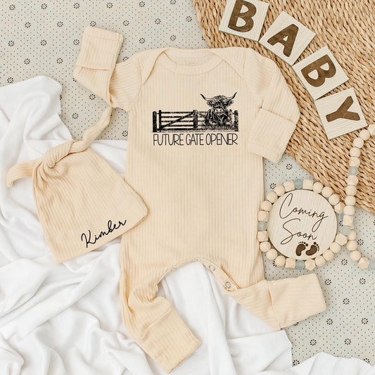 Future Gate Opener Baby Bodysuit & Hat Set Farm Announcement Gift, Newborn Outfit Boy Girl Cattle Farmer Baby Shower Gift 140