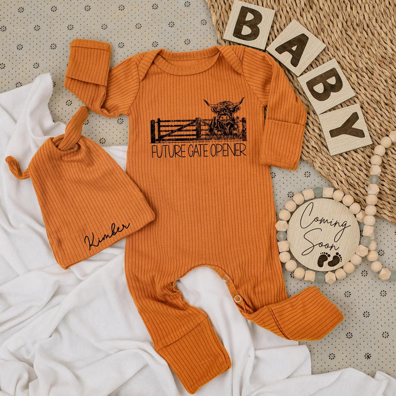 Future Gate Opener Baby Bodysuit & Hat Set Farm Announcement Gift, Newborn Outfit Boy Girl Cattle Farmer Baby Shower Gift 140