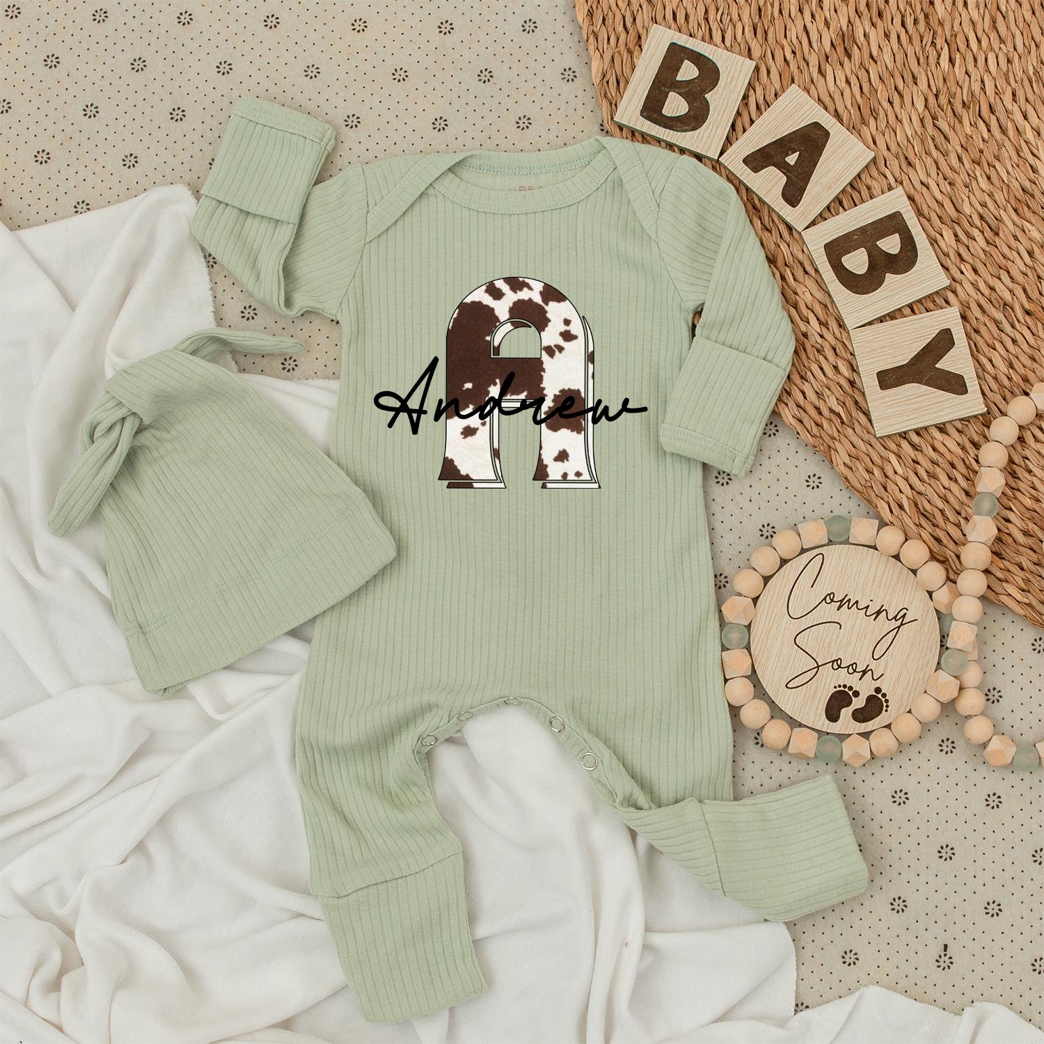 Personalized Cindy Cow Print Baby Bodysuit & Hat Set, Western Cowboy Romper, Custom Name Baby Gift, Pregnancy Announcement