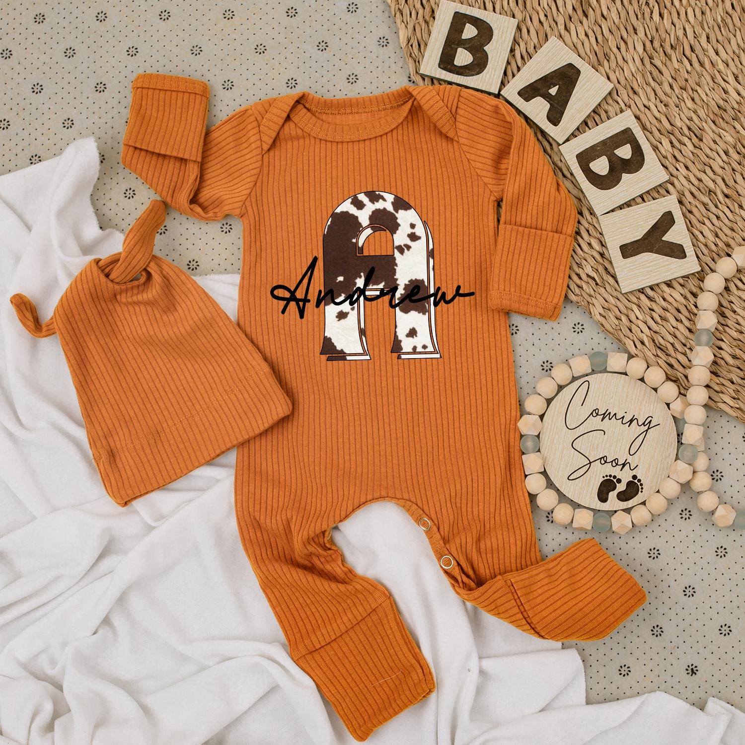 Personalized Cindy Cow Print Baby Bodysuit & Hat Set, Western Cowboy Romper, Custom Name Baby Gift, Pregnancy Announcement