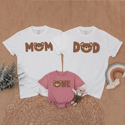 Matching Bear First Birthday Family Shirts Little Bear Birthday Girl Boy Outfit 1st Birthday Celebration Mom Dad Soft Cotton Bubble Romper