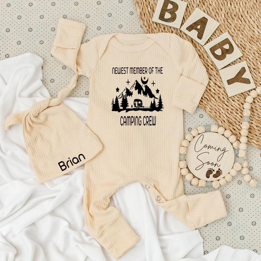 Newest Camping Crew Baby Bodysuit & Hat Set - Personalized "Brian" Camper Van Mountain Graphic Romper Outfit, Cute Family Matching Gift Idea (137 chars)