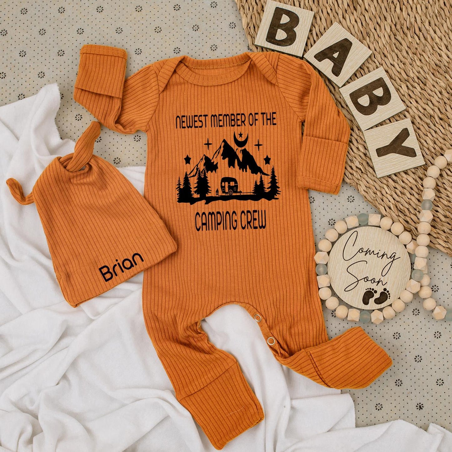 Newest Camping Crew Baby Bodysuit & Hat Set - Personalized "Brian" Camper Van Mountain Graphic Romper Outfit, Cute Family Matching Gift Idea (137 chars)