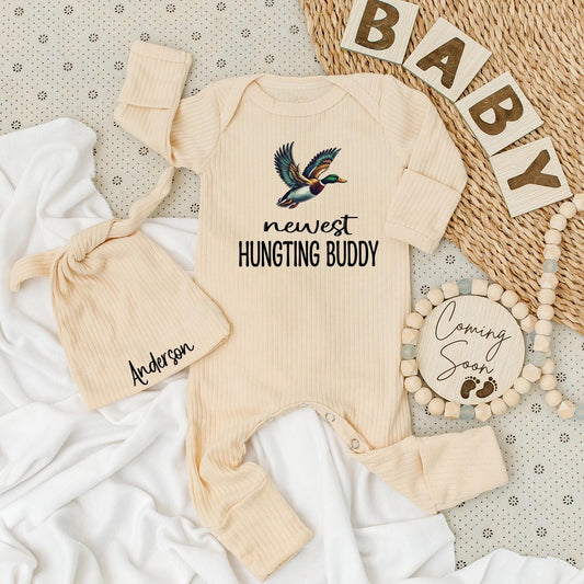 Future Hunting Buddy Bodysuit & Hat Set, Family Baby Romper Announcement Gift, Camping Newborn Outfit for Little Adventurer's First Hunt! 139