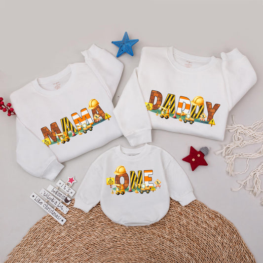 Construction Birthday Family Shirts Matching Mama Daddy ONE Construction Truck Design Custom Outfit