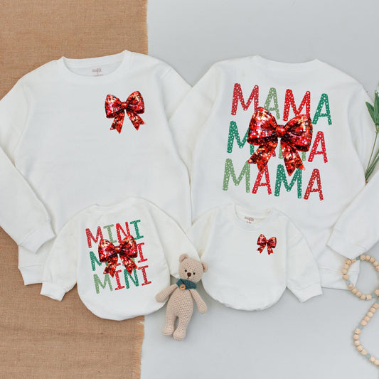 Matching Mama and Mini Christmas Bow Sweatshirts, Retro Holiday Outfits, Red Sequin Bows, Trendy Christmas Girl Sweatshirt, Baby Romper Clothes