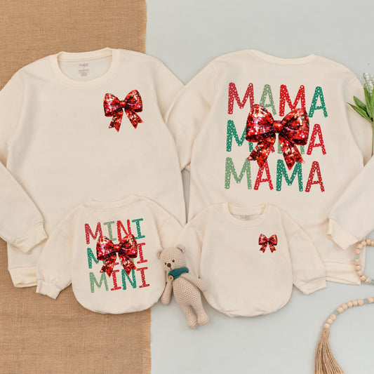 Matching Mama and Mini Christmas Bow Sweatshirts, Retro Holiday Outfits, Red Sequin Bows, Trendy Christmas Girl Sweatshirt, Baby Romper Clothes