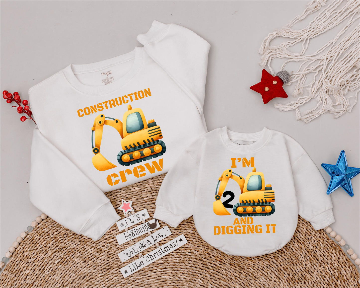 Construction Crew Sweatshirt Fun Excavator Birthday Shirt for Boys Digging It Toddler Gift Casual Party Outfit Yellow Orange Grey Cartoon Style