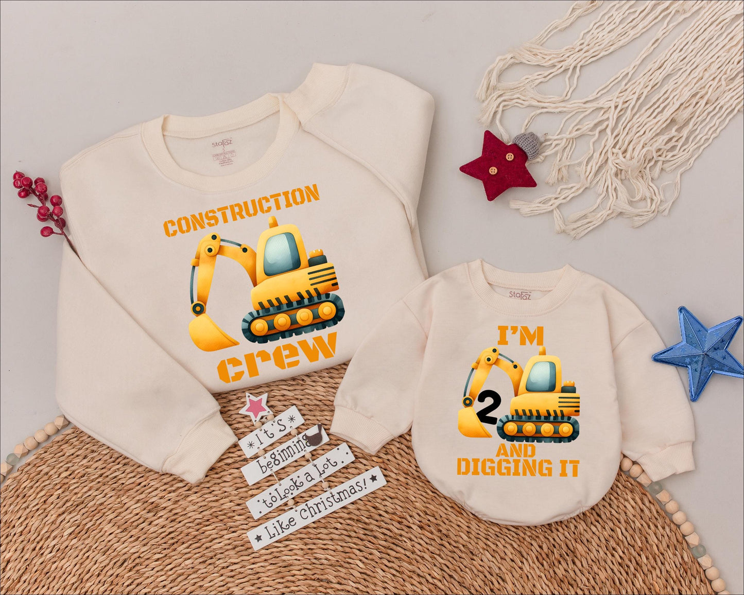 Construction Crew Sweatshirt Fun Excavator Birthday Shirt for Boys Digging It Toddler Gift Casual Party Outfit Yellow Orange Grey Cartoon Style