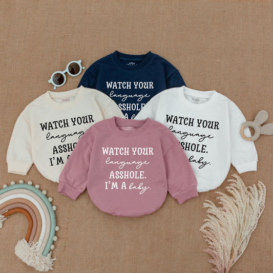 Watch Your Language Asshole I'm a Baby Romper Bodysuit Funny Saying Outfit for Newborns and Toddlers Hilarious Baby Clothes