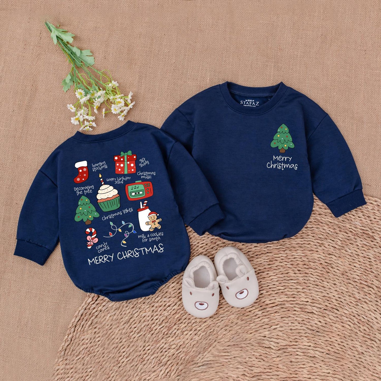 Merry Christmas Baby Romper Infant Holiday Outfit with Cute Xmas Tree and Santa Stockings Milk Cookies Design First Christmas