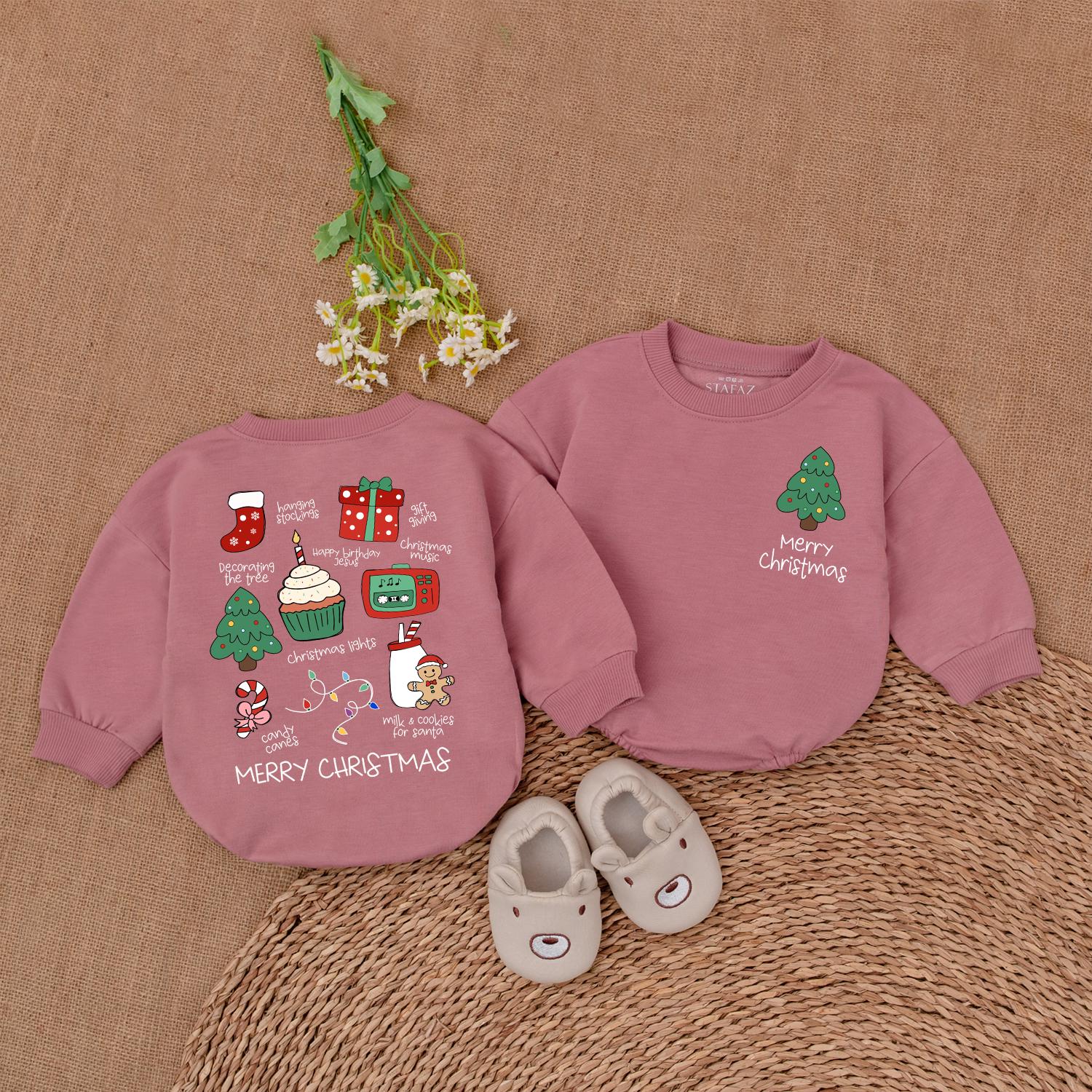 Merry Christmas Baby Romper Infant Holiday Outfit with Cute Xmas Tree and Santa Stockings Milk Cookies Design First Christmas