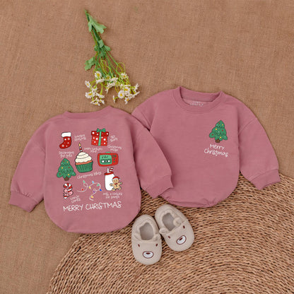 Merry Christmas Baby Romper Infant Holiday Outfit with Cute Xmas Tree and Santa Stockings Milk Cookies Design First Christmas