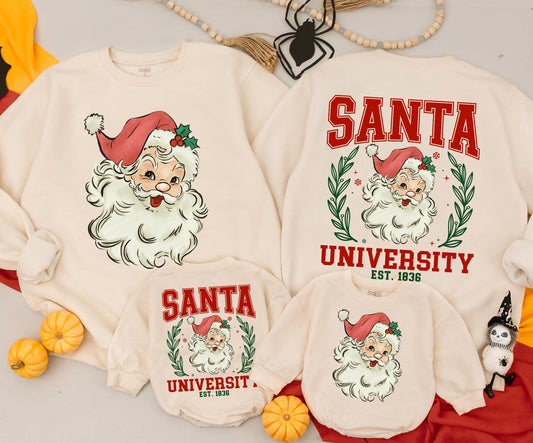 Retro Santa University Christmas Sweatshirt Toddler Outfit, Vintage Graphic Holiday Sweater, Cute Xmas Baby Romper, Newborn Gift Est. 1836 (2 Sided) 