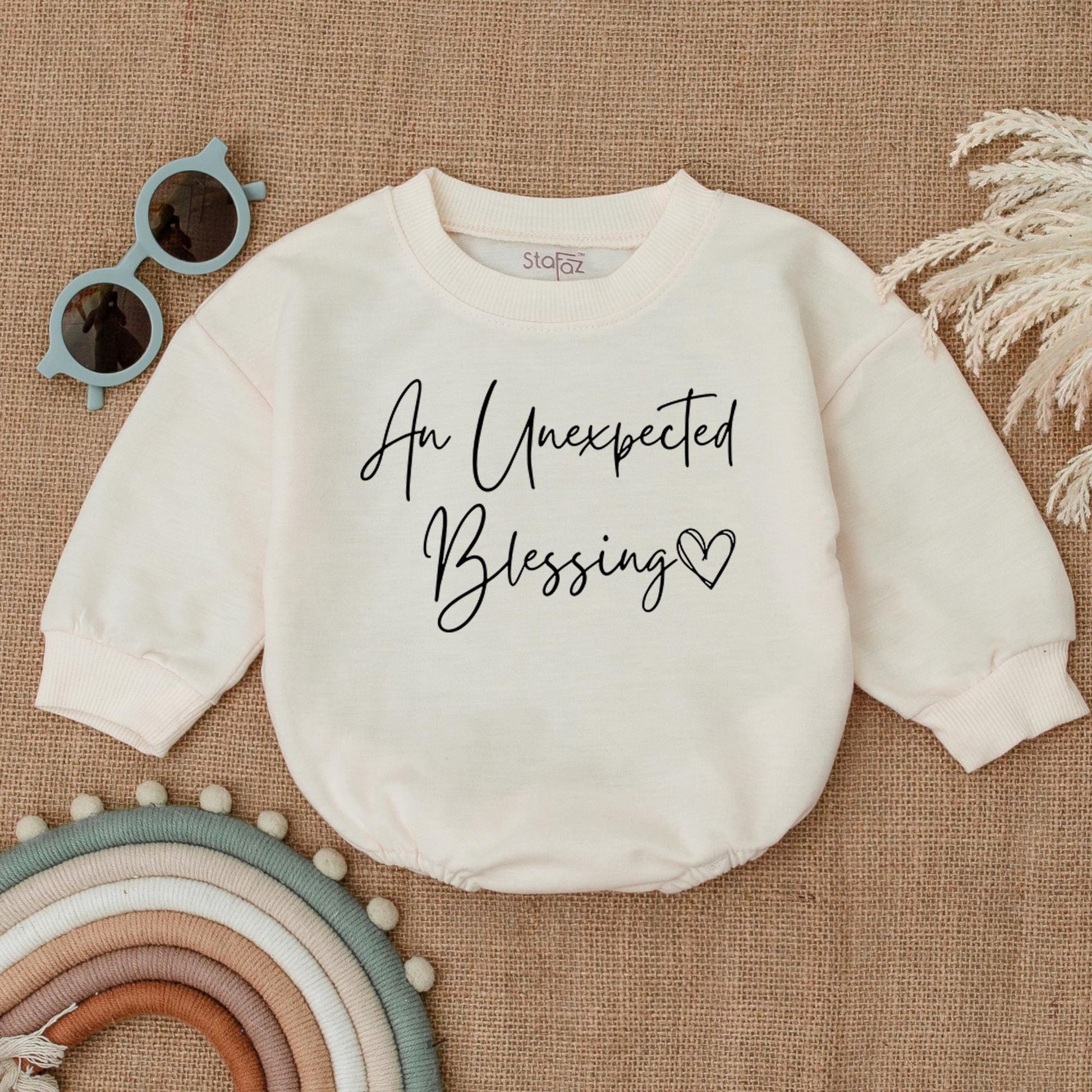 An Unexpected Blessing Bubble Romper Baby Announcement White Cursive Text Soft Baby Clothes Gift For Baby Shower Surprise Arrival