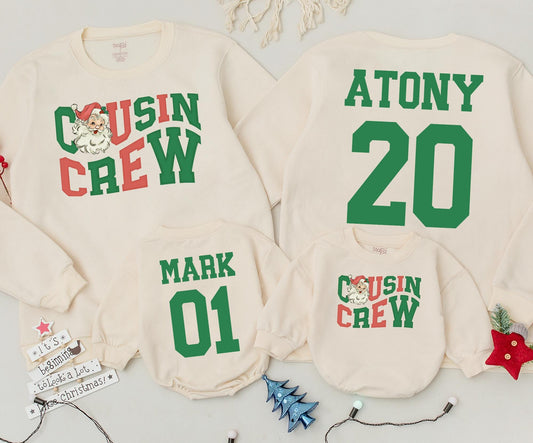 Personalized Cousin Crew Christmas Sweatshirts Retro Santa Design Matching Family Sweaters Cute Holiday Outfits Custom Name & Number Soft Cotton 138