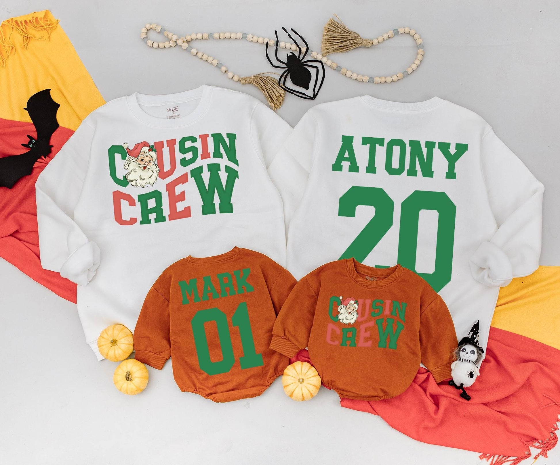 Personalized Cousin Crew Christmas Sweatshirts Retro Santa Design Matching Family Sweaters Cute Holiday Outfits Custom Name & Number Soft Cotton 138