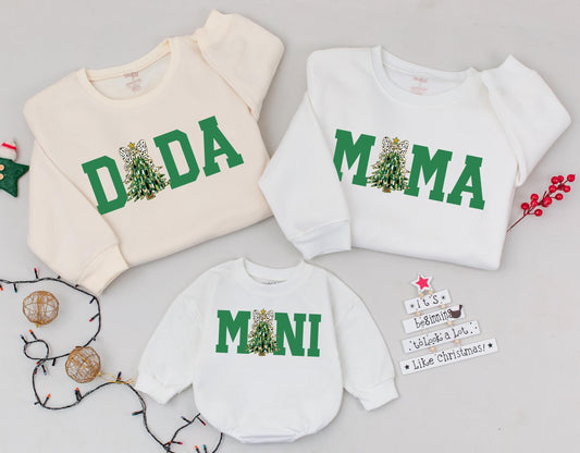Dada Mama Mini Christmas Sweatshirts Family Matching Outfits Green Tree Dalmatian Bow Holiday Festive Baby Toddler Girl Gift Idea