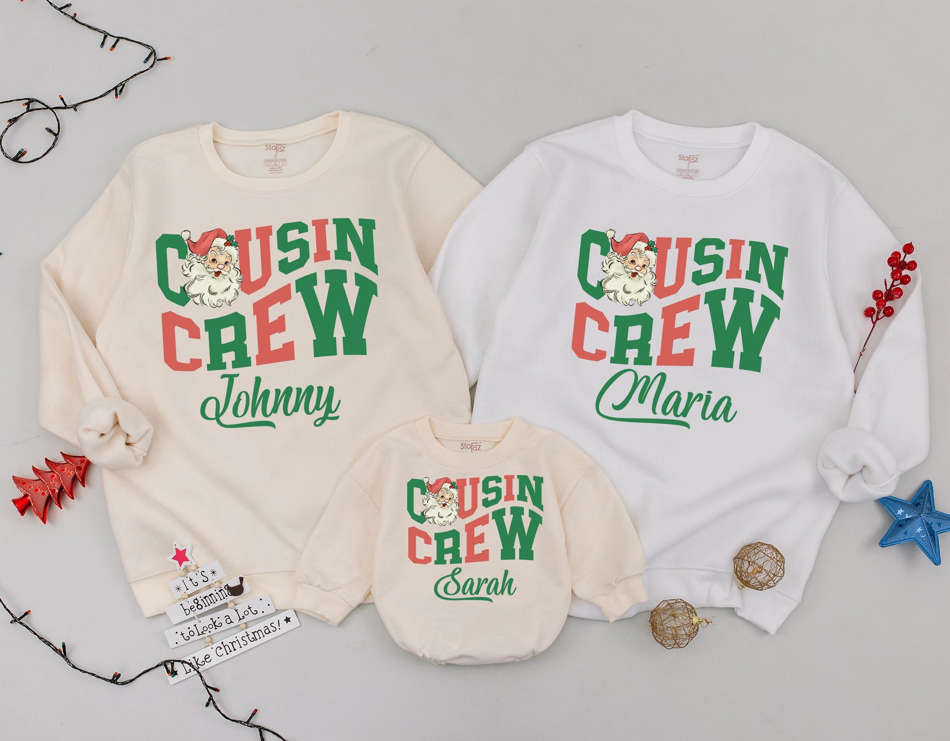 Personalized Christmas Cousin Crew Sweatshirts Matching Family Holiday Vintage Santa Toddler Sweaters with Green Name