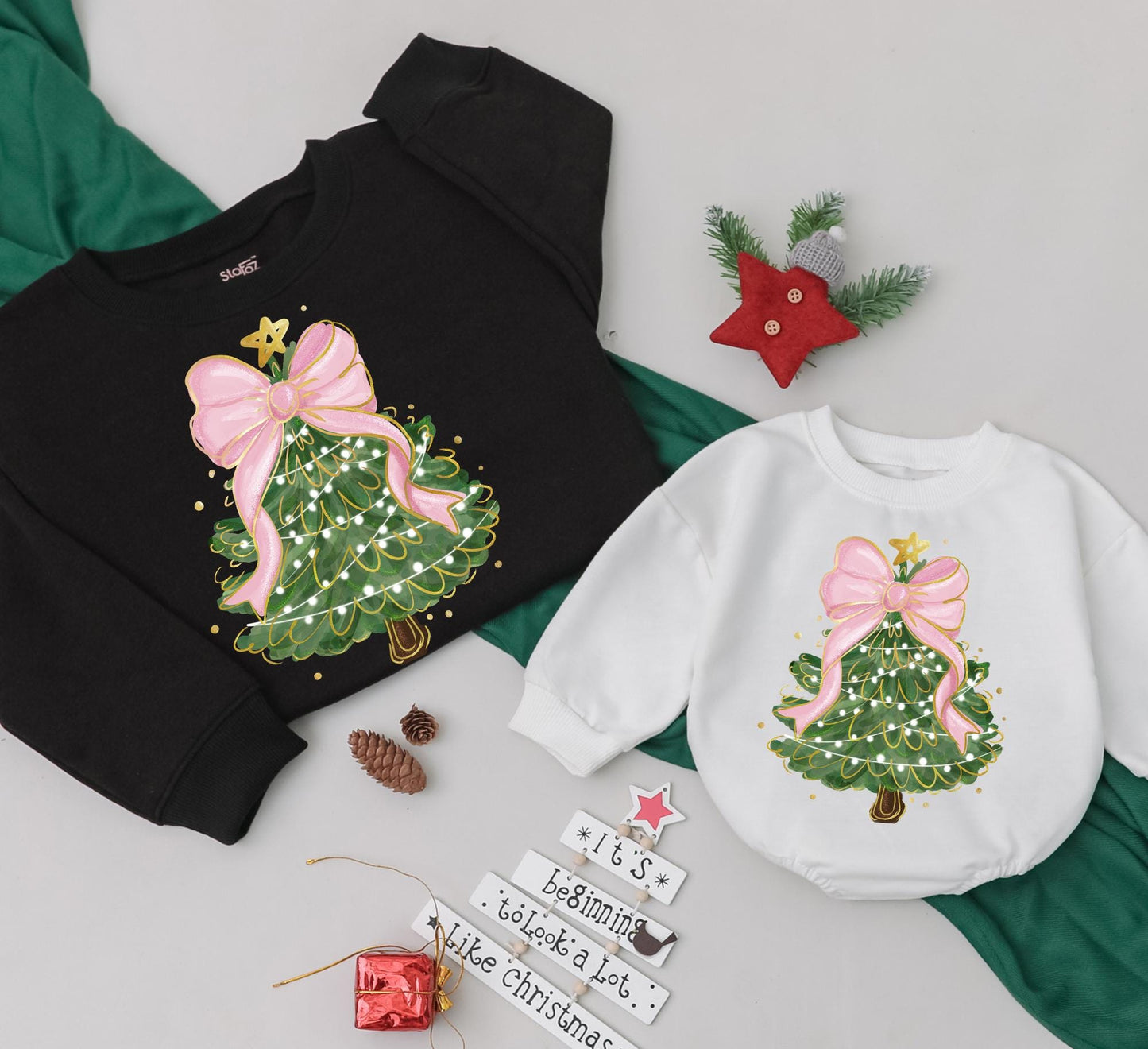 Whimsical Christmas Tree Bow Sweatshirt Mom and Baby Matching Family Outfit Women's Festive Xmas Toddler Gift