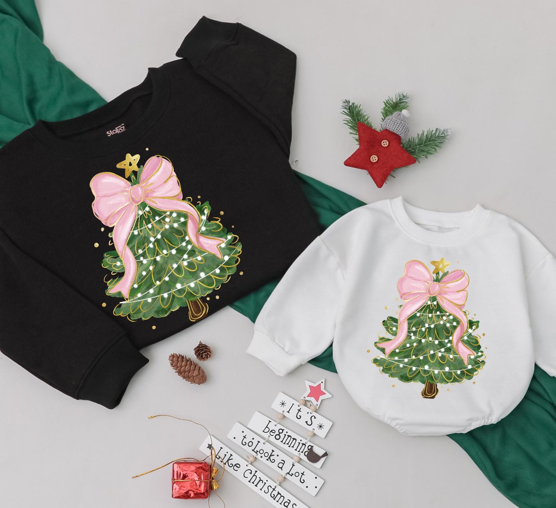 Whimsical Christmas Tree Bow Sweatshirt Mom and Baby Matching Family Outfit Women's Festive Xmas Toddler Gift