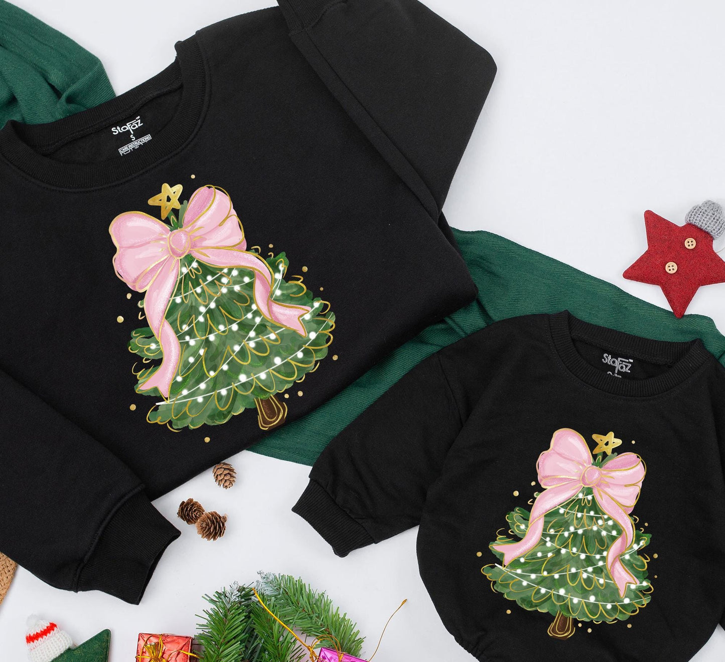 Whimsical Christmas Tree Bow Sweatshirt Mom and Baby Matching Family Outfit Women's Festive Xmas Toddler Gift