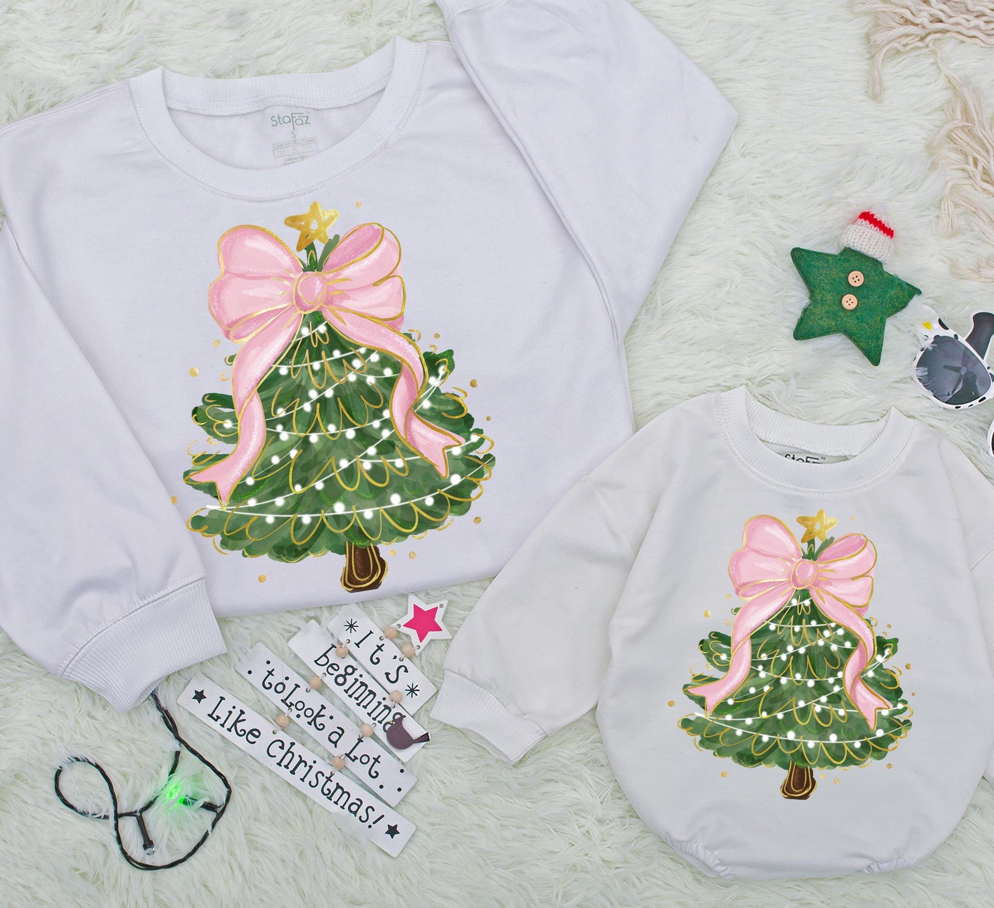 Whimsical Christmas Tree Bow Sweatshirt Mom and Baby Matching Family Outfit Women's Festive Xmas Toddler Gift