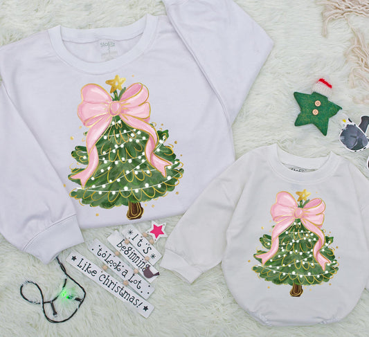Whimsical Christmas Tree Bow Sweatshirt Mom and Baby Matching Family Outfit Women's Festive Xmas Toddler Gift