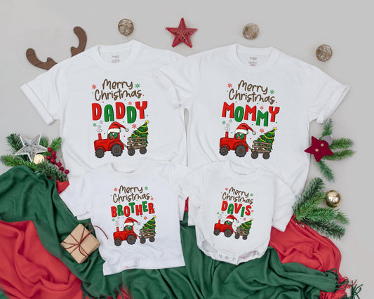 Matching Family Merry Christmas Shirts Personalized with Names Retro Truck Design Holiday Outfit for Baby, Mommy & Daddy