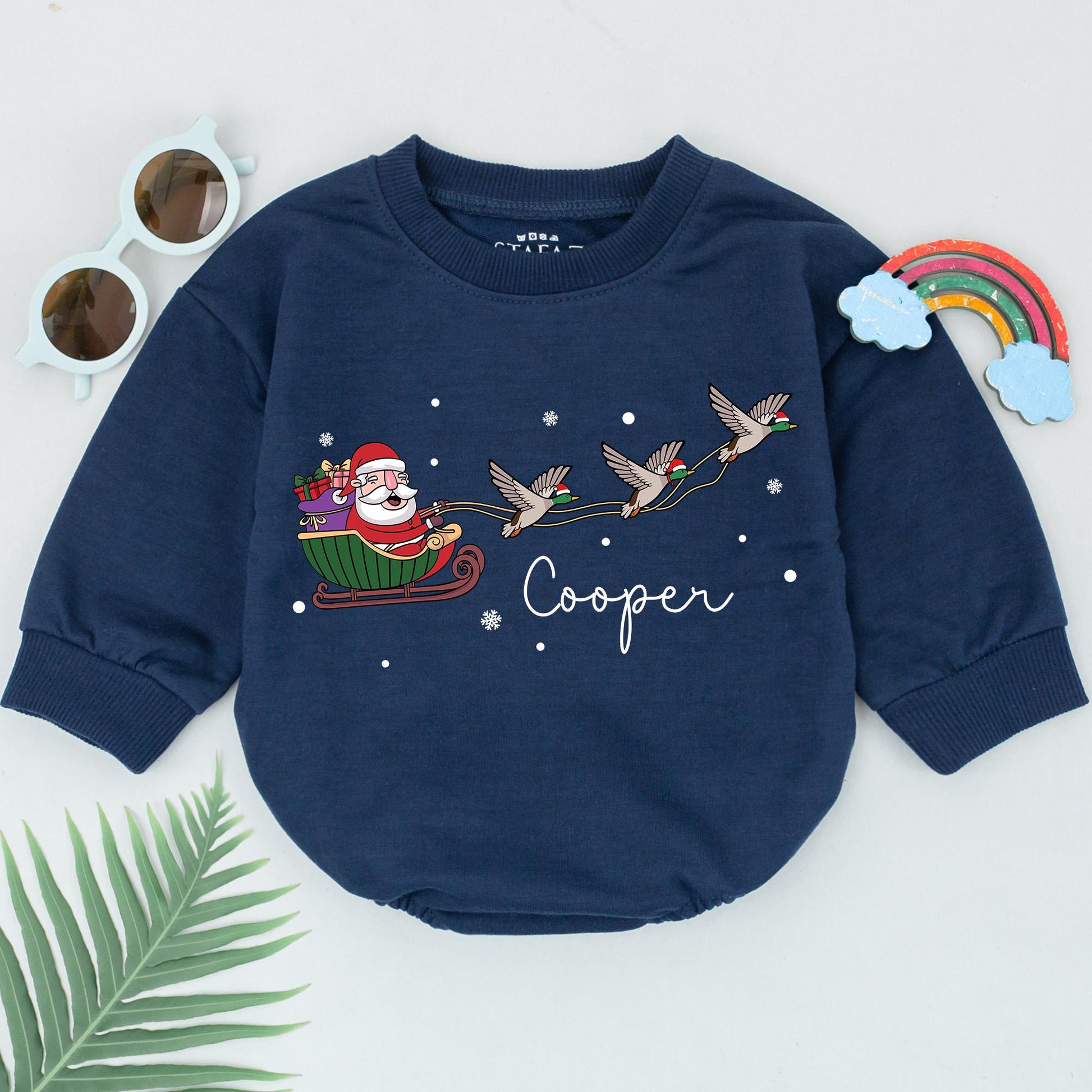 Personalized Cooper Christmas Duck Romper, Santa Sleigh Baby Outfit, First Christmas Gift, Festive Mallard, Holiday Newborn Clothes, Red Green Brown