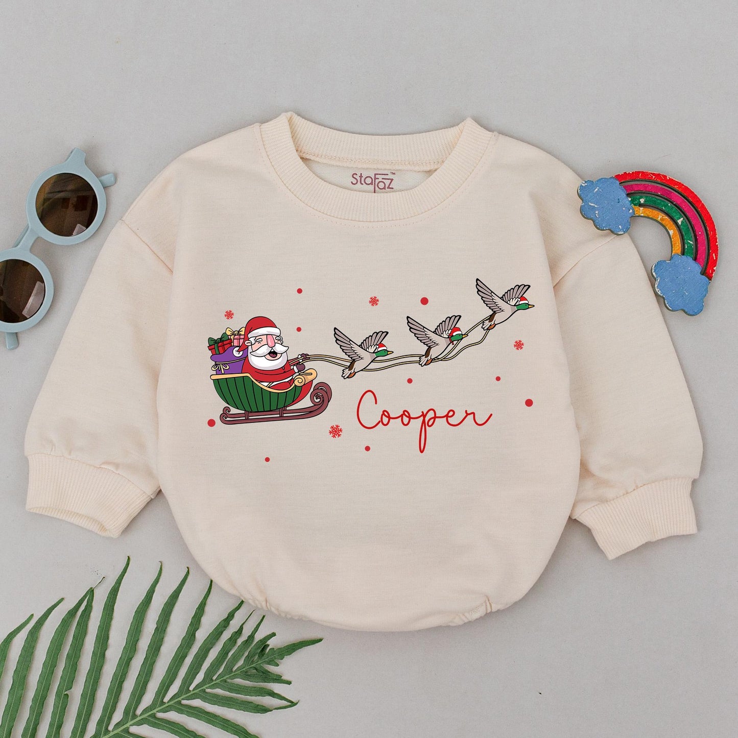 Personalized Cooper Christmas Duck Romper, Santa Sleigh Baby Outfit, First Christmas Gift, Festive Mallard, Holiday Newborn Clothes, Red Green Brown