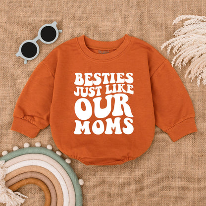 Besties Just Like Our Moms Bubble Romper Baby Girl Announcement Outfit White Pink Font Baby Shower Gift Newborn Clothes