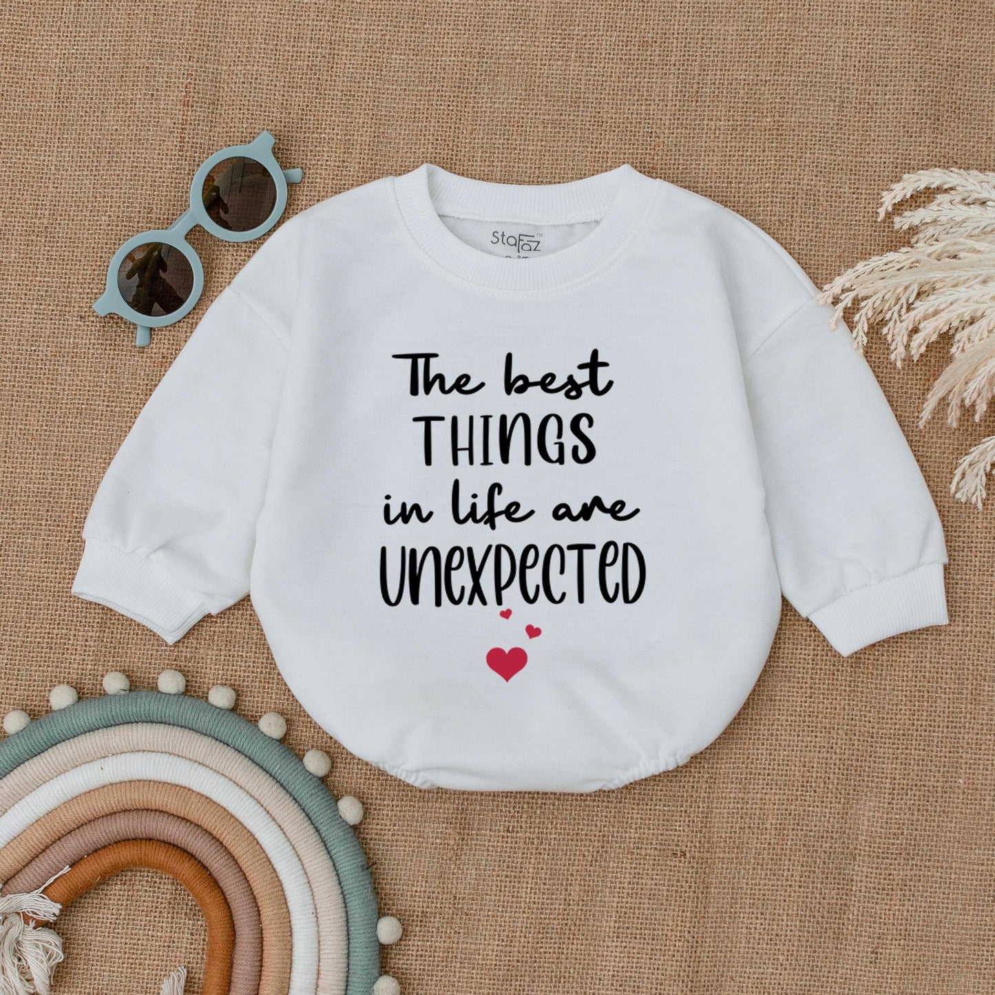 Unexpected Joy Baby Bodysuit Bubble Romper, The Best Things in Life are Unexpected Outfit, Newborn Baby Clothes, Whimsical Shower Gift 130-140 chars